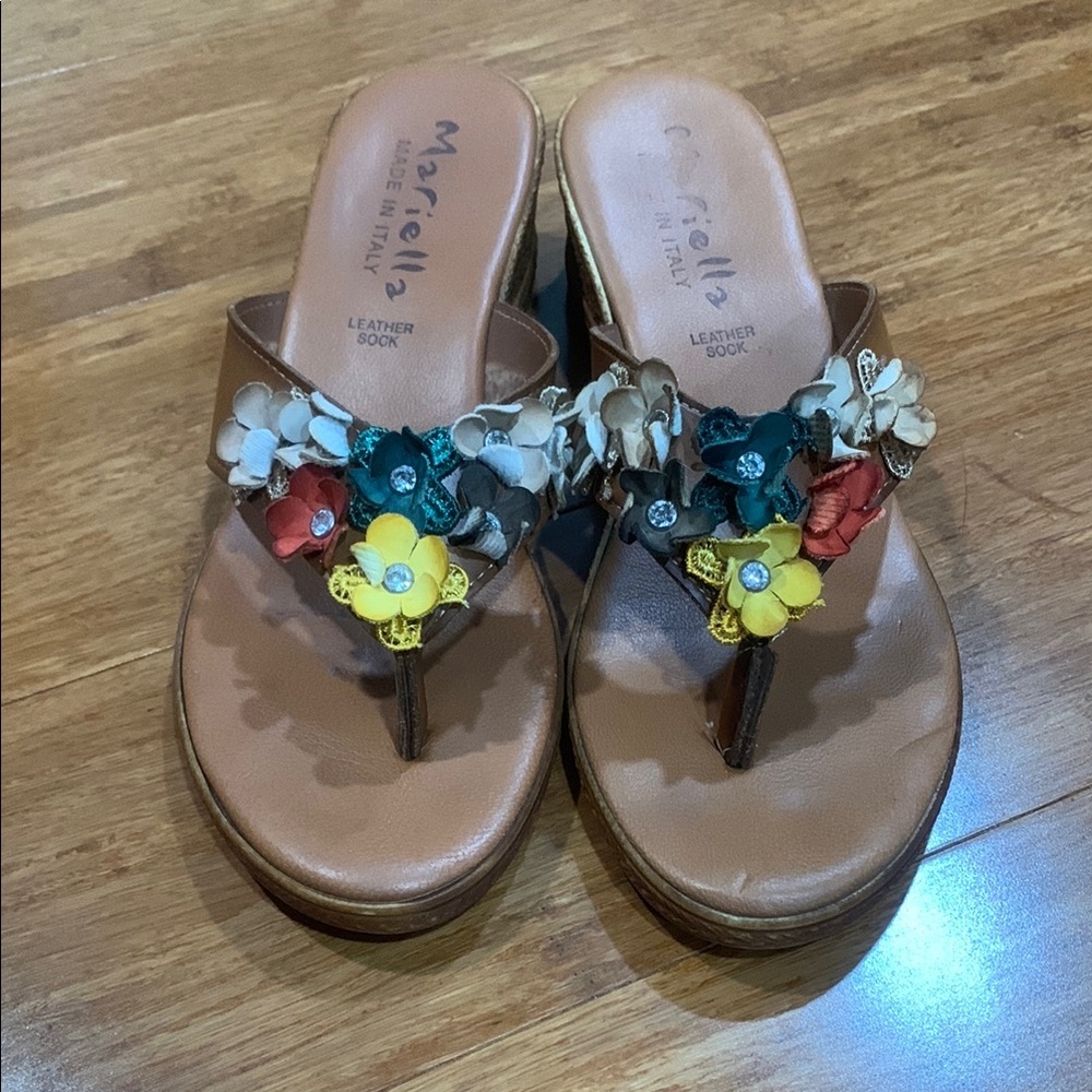 Brown and Yellow Wedge Shoes with Floral Accents